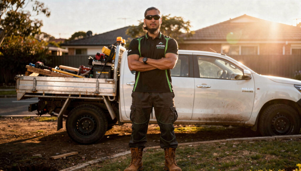 AuziTrade Collective hero tradie standing in front of a Hilux ute on an Australian suburban street at golden hour