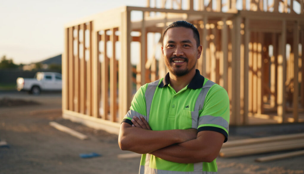 AuziTrade Collective tradie in green hi-vis on an Australian residential construction site