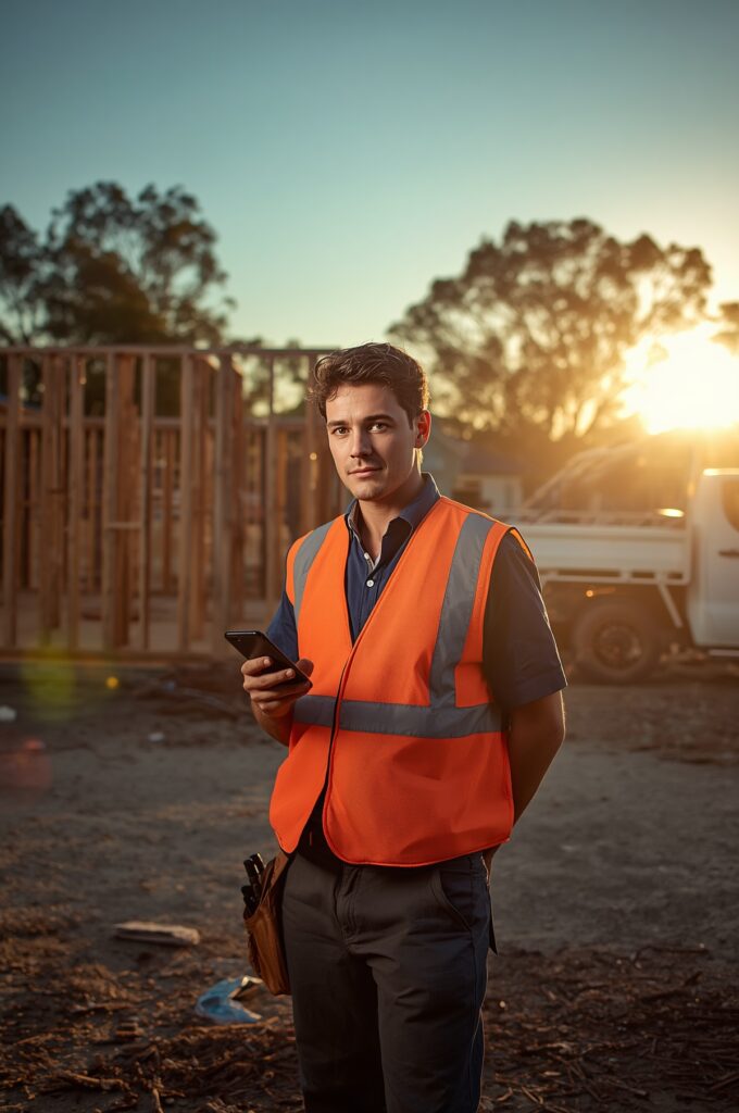 Aussie tradie in orange high-vis vest holding a phone at golden hour, in front of a timber-frame house build